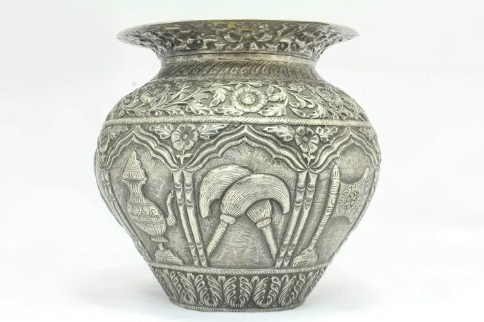 Dropshipped via Social Commerce Network Rings PH Artistic Antique Handcrafted Silver Urn Pot Engraved Jainism Symbol Decorative