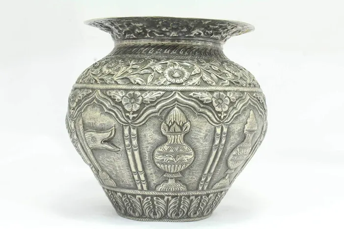 Dropshipped via Social Commerce Network Rings PH Artistic Antique Handcrafted Silver Urn Pot Engraved Jainism Symbol Decorative