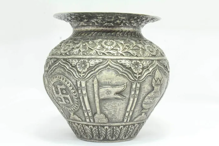 Dropshipped via Social Commerce Network Rings PH Artistic Antique Handcrafted Silver Urn Pot Engraved Jainism Symbol Decorative