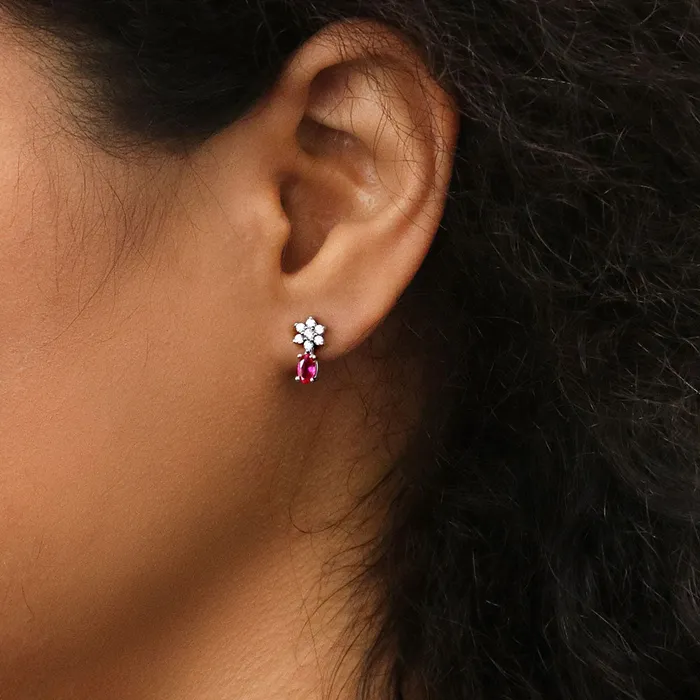 Earrings BERRICLE Flower Simulated Ruby CZ Stud Earrings in Sterling Silver
