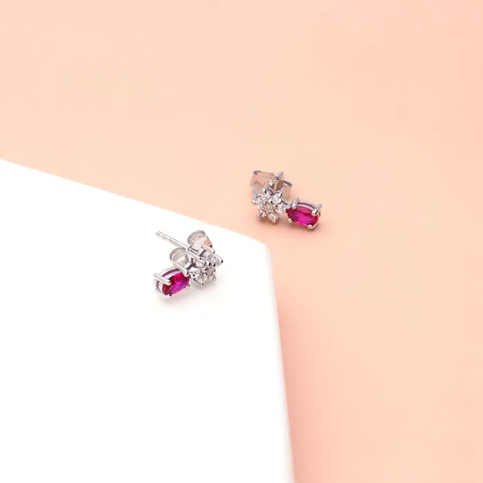 Earrings BERRICLE Flower Simulated Ruby CZ Stud Earrings in Sterling Silver