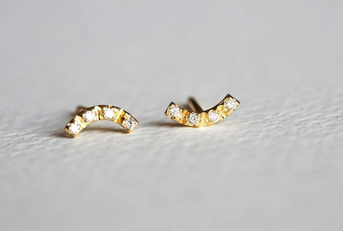 Earrings Capucinne Delicate Curved Diamond Bar Stud Earrings