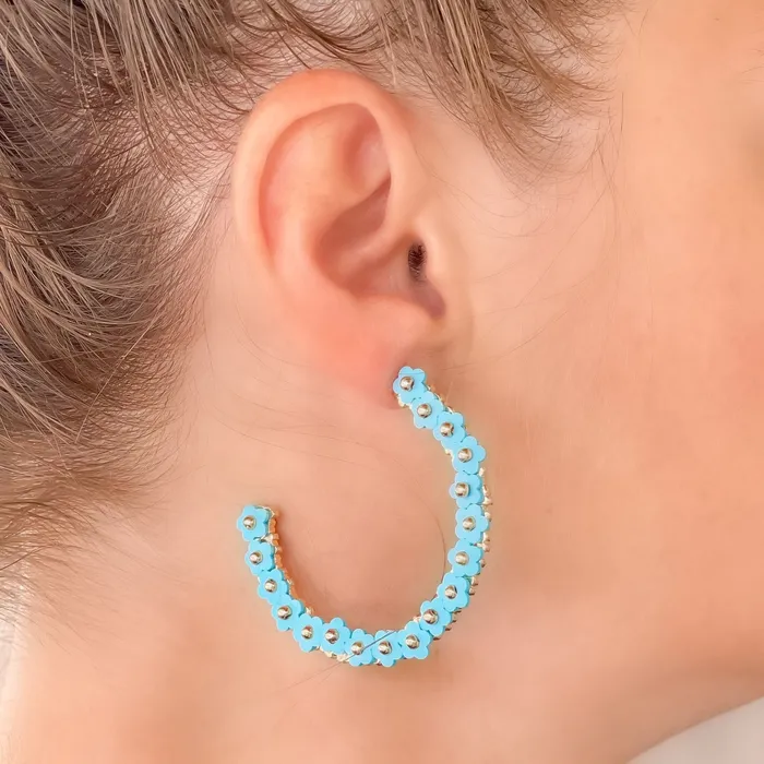 Earrings Prep Obsessed CT Beaded Mini Flower Lined Hoop Earrings Aqua