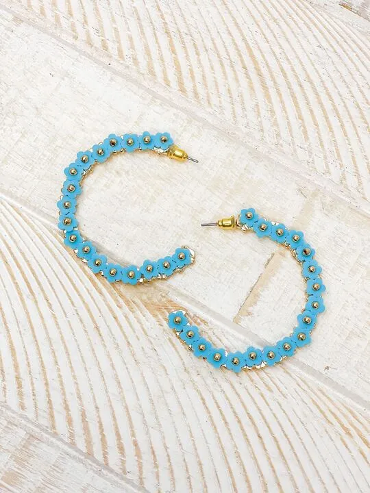 Earrings Prep Obsessed CT Beaded Mini Flower Lined Hoop Earrings Aqua