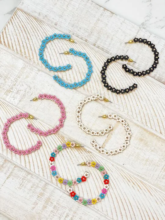 Earrings Prep Obsessed CT Beaded Mini Flower Lined Hoop Earrings Aqua
