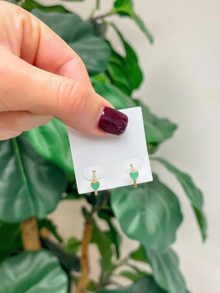 Earrings Prep Obsessed PAN Enamel Heart Huggie Hoop Earring Green