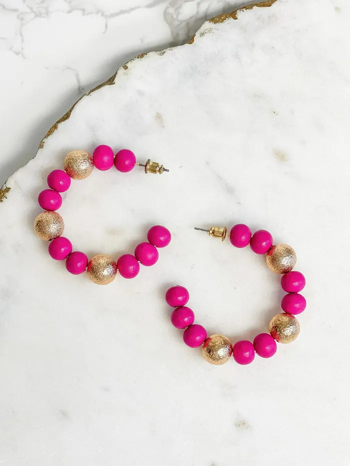 Earrings Prep Obsessed SI Gold Color Bead Hoop Earrings Pink