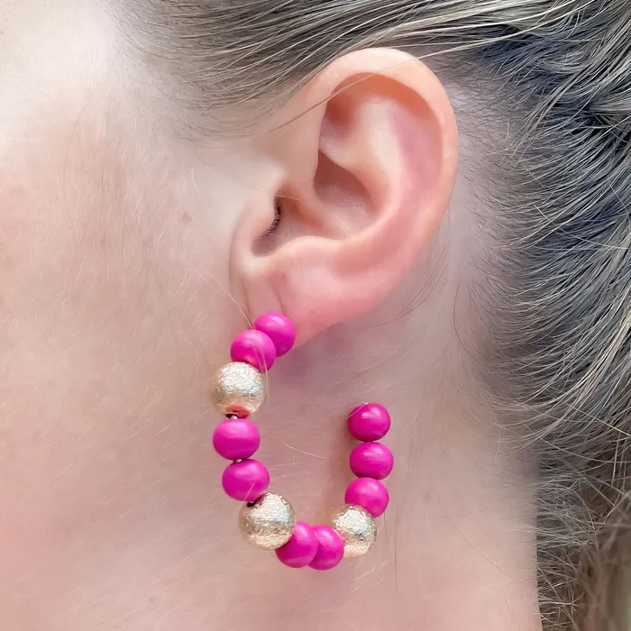 Earrings Prep Obsessed SI Gold Color Bead Hoop Earrings Pink