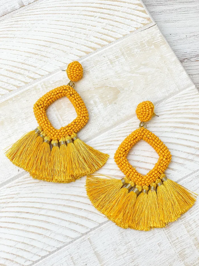 Earrings Prep Obsessed TI Seed Bead Fringe Dangle Earrings Yellow