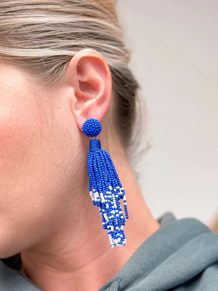 Earrings Prep Obsessed WT Blue White Fringe Dangle Earrings