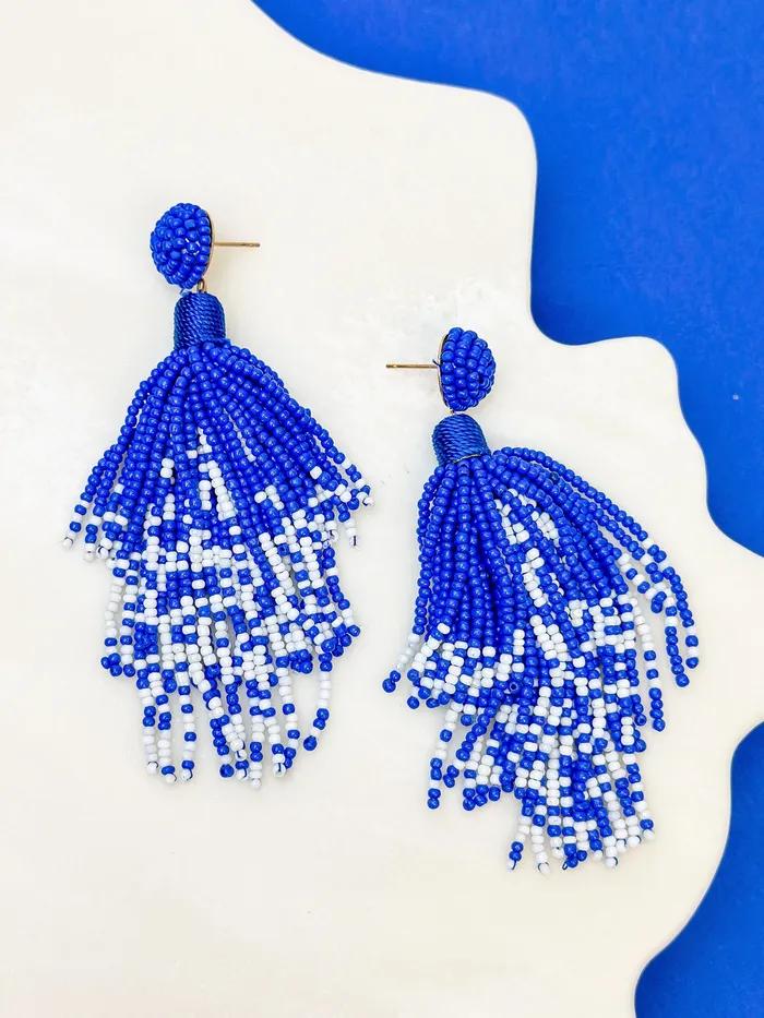 Earrings Prep Obsessed WT Blue White Fringe Dangle Earrings