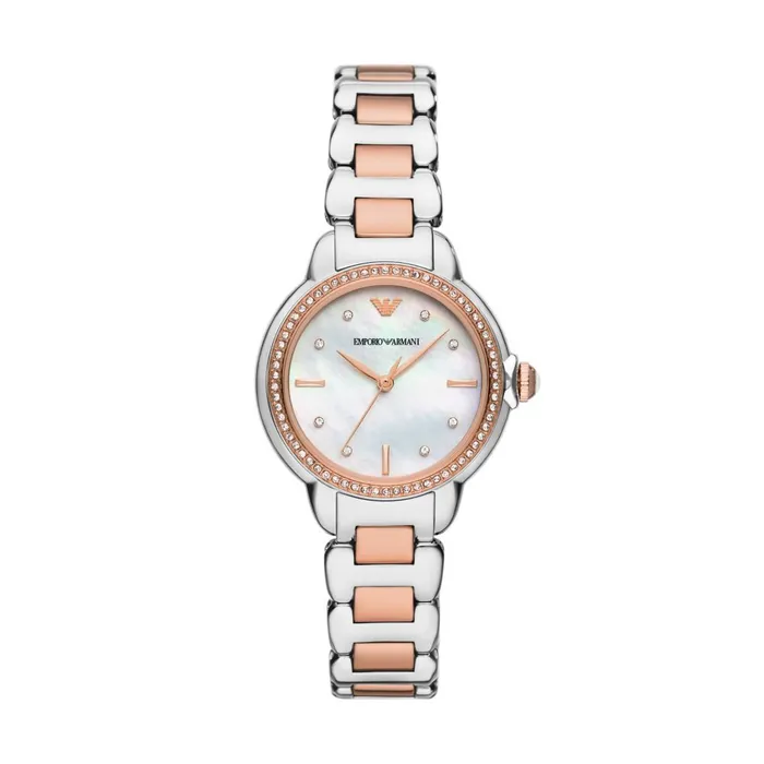 Emporio Armani Womens ThreeHand Silver trose Gold Stainless Steel Watch Emporio Armani Earrings Emporio Armani Womens ThreeHand Silver trose Gold Stainless Steel Watch Emporio Armani Earrings