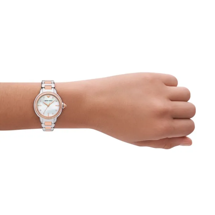 Emporio Armani Womens ThreeHand Silver trose Gold Stainless Steel Watch Emporio Armani Earrings