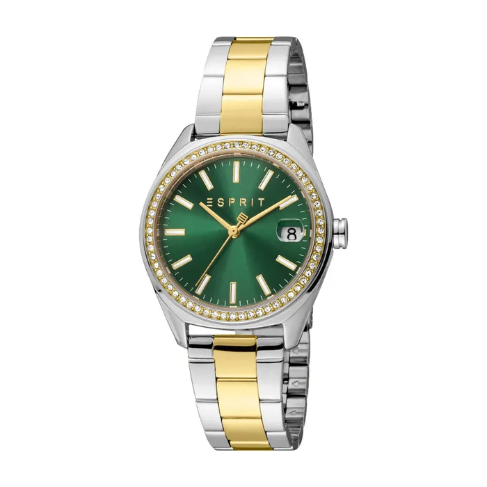 ESPRIT Womens Two Tone Silver Gold Watch with Dark Green Dial and Date Display Esprit Rings ESPRIT Womens Two Tone Silver Gold Watch with Dark Green Dial and Date Display Esprit Rings