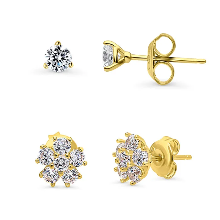 Flower CZ Stud Earrings in Gold Flashed Sterling Silver 2 Pairs BERRICLE Earrings Flower CZ Stud Earrings in Gold Flashed Sterling Silver 2 Pairs BERRICLE Earrings