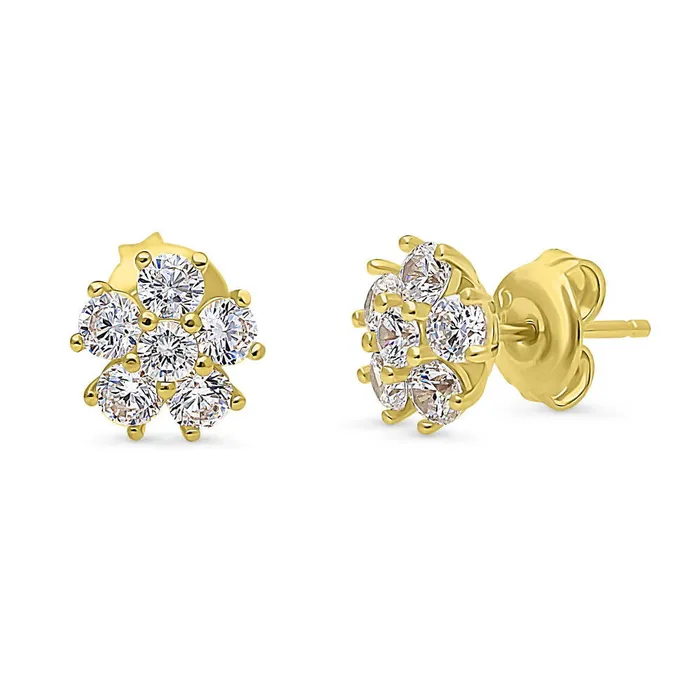 Flower CZ Stud Earrings in Gold Flashed Sterling Silver 2 Pairs BERRICLE Earrings