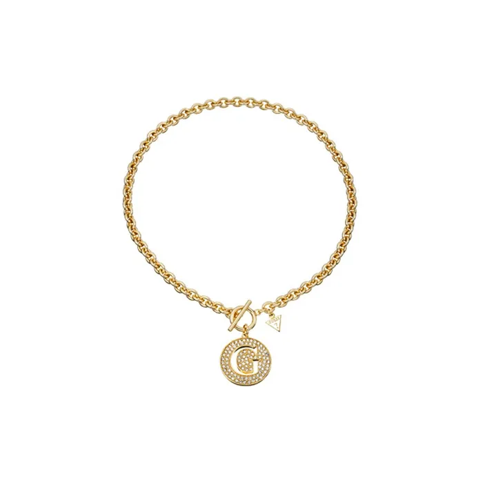 Guess Necklaces Guess Necklace Ip Gold With Stone Large Disc Pendnat G Logo