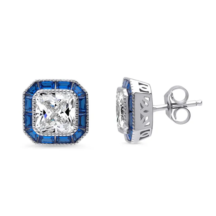 Halo Art Deco Princess CZ Stud Earrings in Sterling Silver BERRICLE Earrings Halo Art Deco Princess CZ Stud Earrings in Sterling Silver BERRICLE Earrings