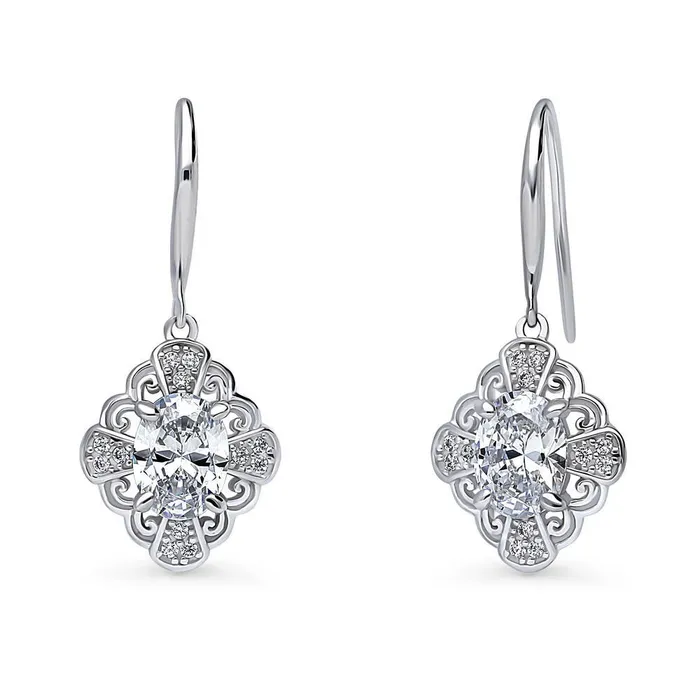 Halo Flower Oval CZ Fish Hook Earrings in Sterling Silver BERRICLE Earrings Halo Flower Oval CZ Fish Hook Earrings in Sterling Silver BERRICLE Earrings