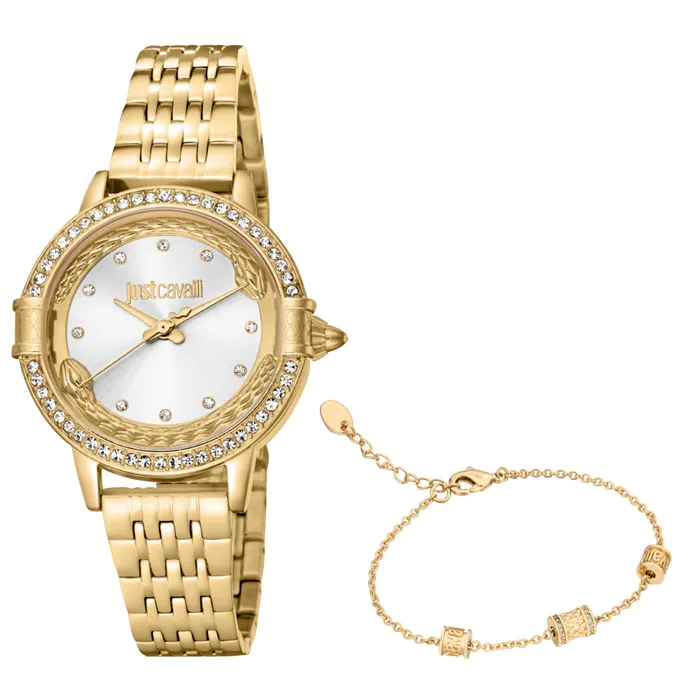 Just Cavalli Bracelets Just Cavalli Womens Gold Color Watch with Silver Dial and Gold Metal Bracelet