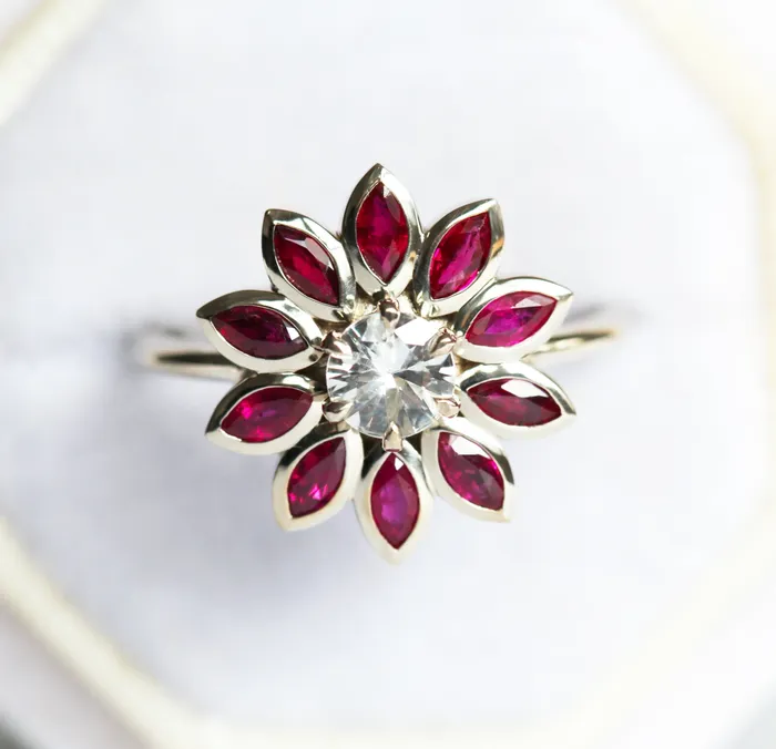 Katy Ruby and Sapphire Engagement Flower Ring Capucinne Rings
