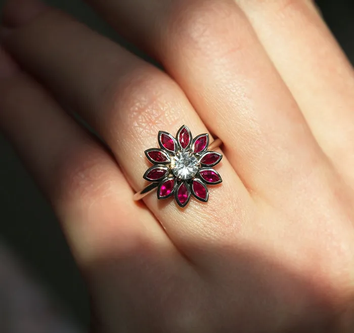 Katy Ruby and Sapphire Engagement Flower Ring Capucinne Rings