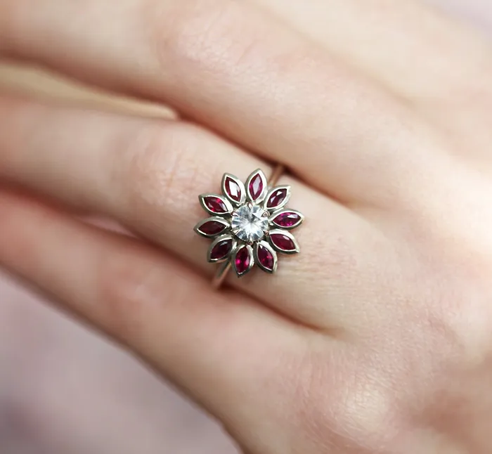 Katy Ruby and Sapphire Engagement Flower Ring Capucinne Rings