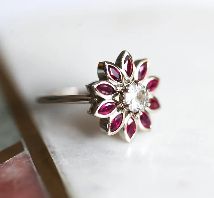 Katy Ruby and Sapphire Engagement Flower Ring Capucinne Rings