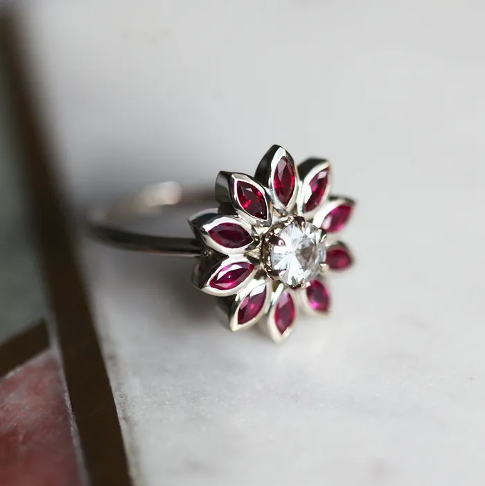 Katy Ruby and Sapphire Engagement Flower Ring Capucinne Rings