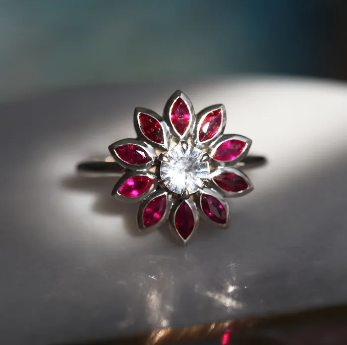 Katy Ruby and Sapphire Engagement Flower Ring Capucinne Rings