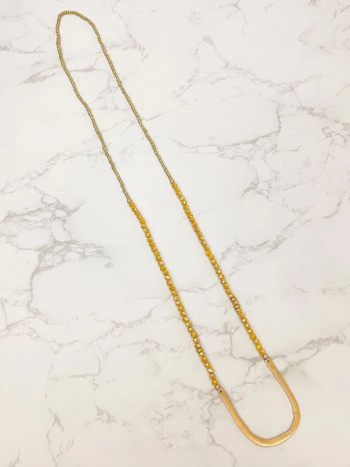Long Beaded U Shape Pendant Necklace Mustard Prep Obsessed JM Necklaces