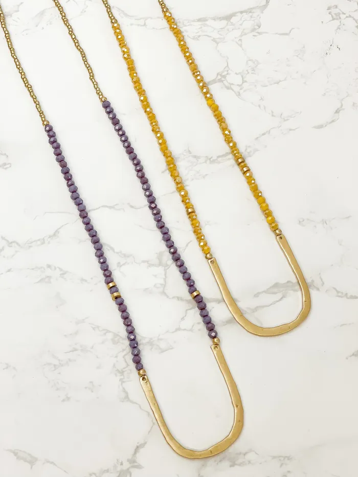 Long Beaded U Shape Pendant Necklace Mustard Prep Obsessed JM Necklaces