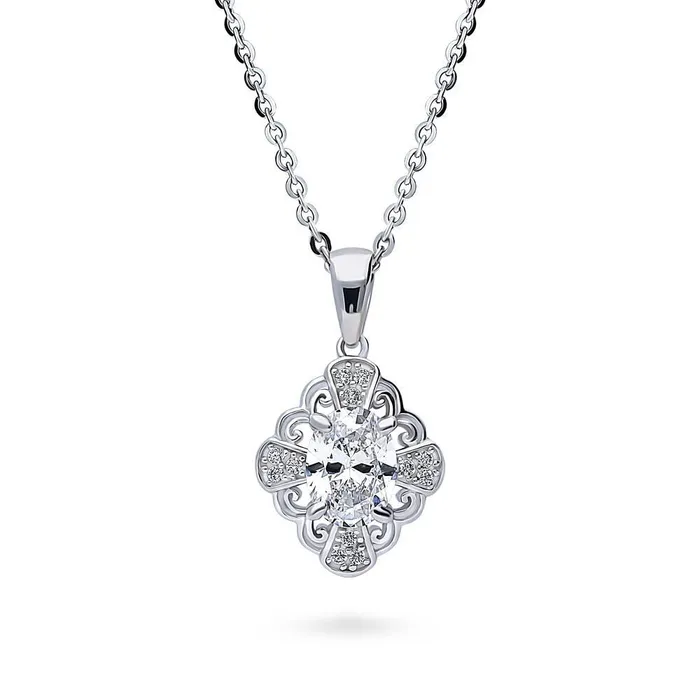 Necklaces BERRICLE Halo Flower Oval CZ Necklace in Sterling Silver