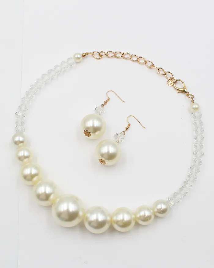 Necklaces Pearl Necklace Earring Gold Set with Clear Jewels SEPT2024
