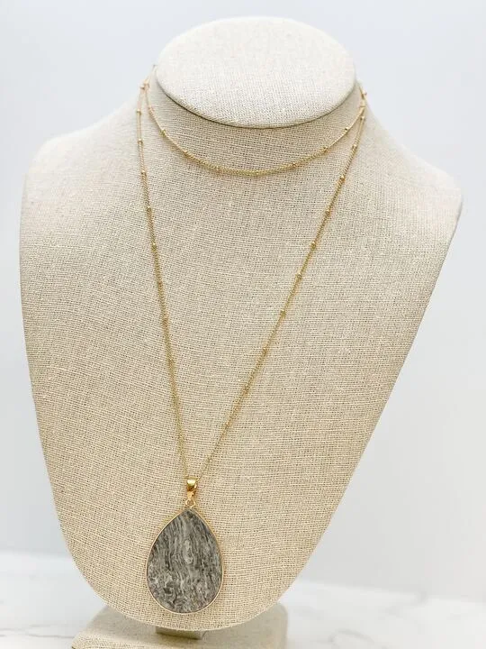 Necklaces Prep Obsessed JM Semi Precious Oval Pendant Long Necklace Gray