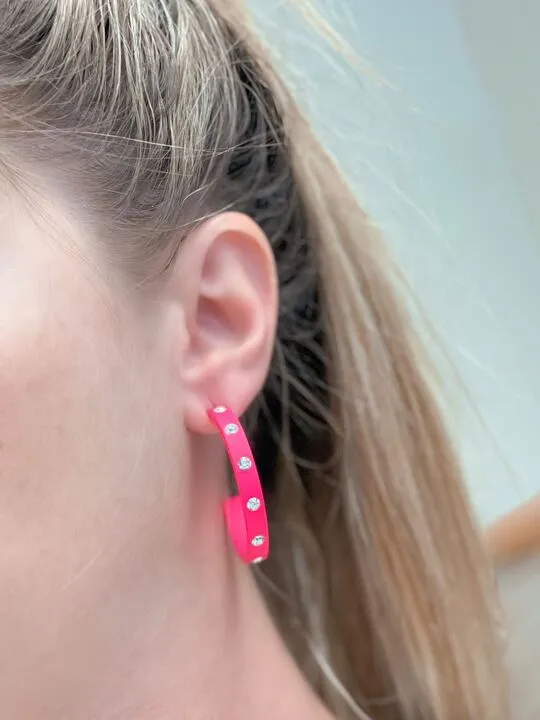 Neon CrystalStudded Rubber Hoop Earrings Pink Prep Obsessed RNK Earrings