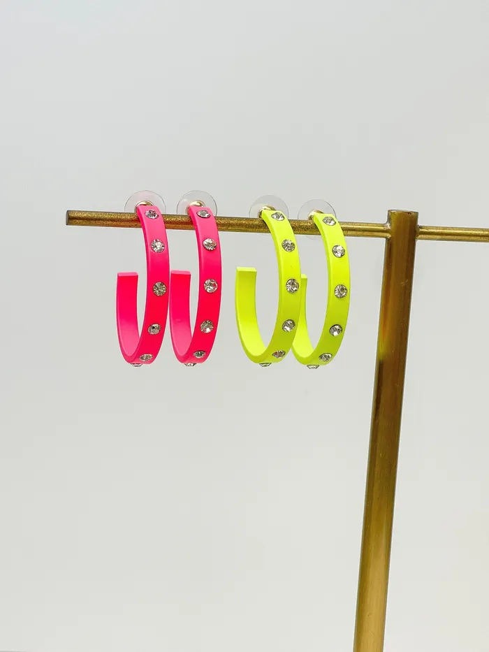 Neon CrystalStudded Rubber Hoop Earrings Pink Prep Obsessed RNK Earrings