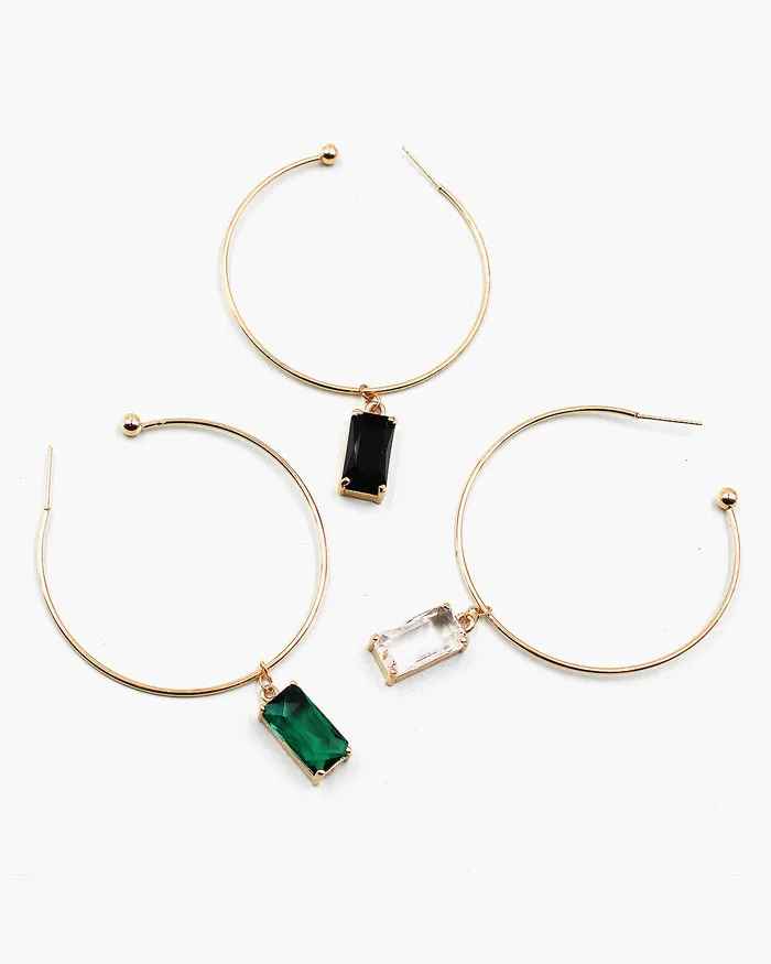 Open End Hoop Earrings with Square Cut Jewel Charm 07072023 Earrings