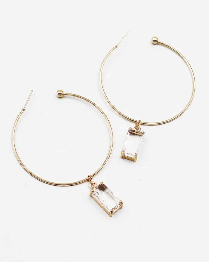 Open End Hoop Earrings with Square Cut Jewel Charm 07072023 Earrings Open End Hoop Earrings with Square Cut Jewel Charm 07072023 Earrings