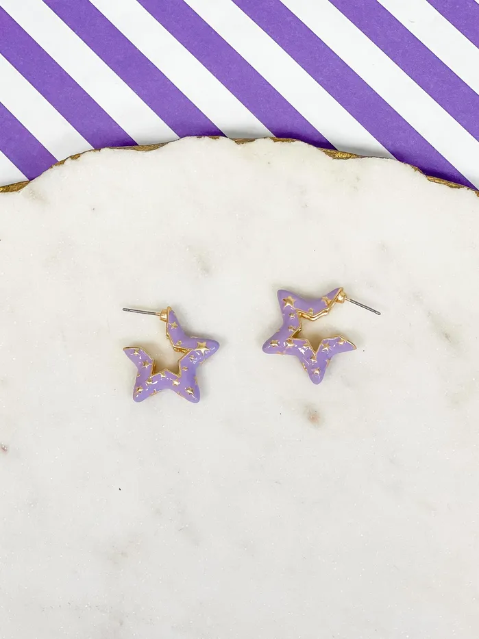 Prep Obsessed ESS Earrings Lavender Enamel Star Mini Hoop Earrings