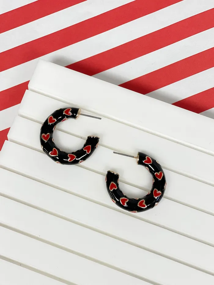Prep Obsessed ESS Little HeartPatterned Enamel Hoop Earrings Black Earrings