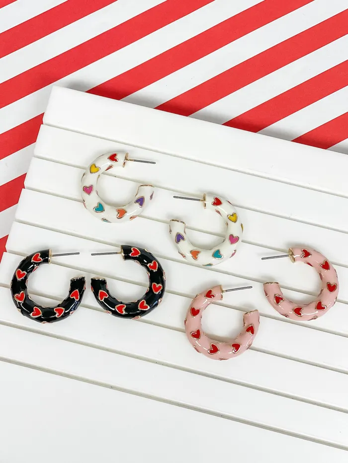 Prep Obsessed ESS Little HeartPatterned Enamel Hoop Earrings Black Earrings