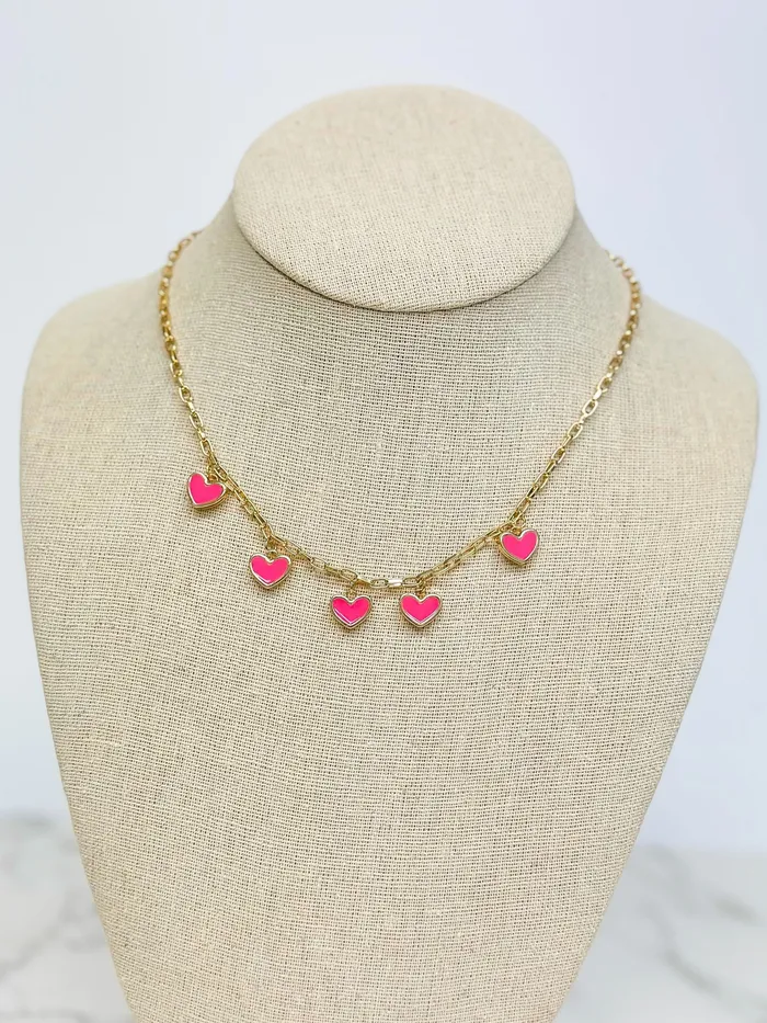 Prep Obsessed ESS Necklaces Pink Heart Enamel Dangle Necklace