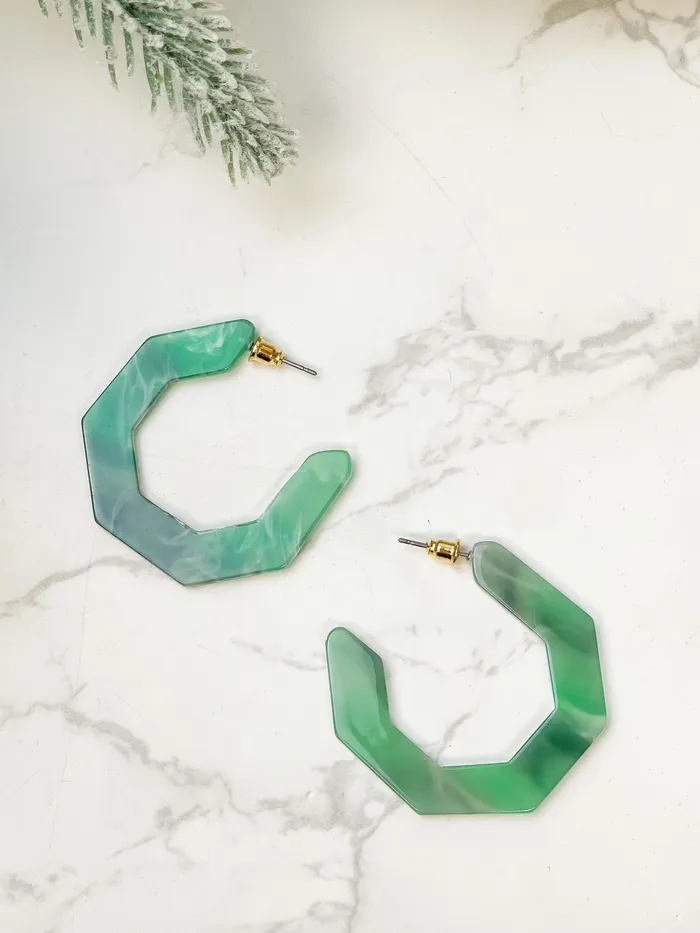 Prep Obsessed JJ Earrings Marbled Geometric Hoop Earrings Green