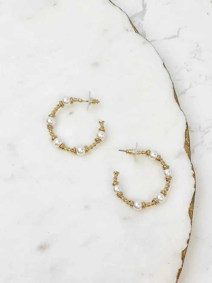 Prep Obsessed JM Earrings Pearl Cable Hoop Earrings Gold