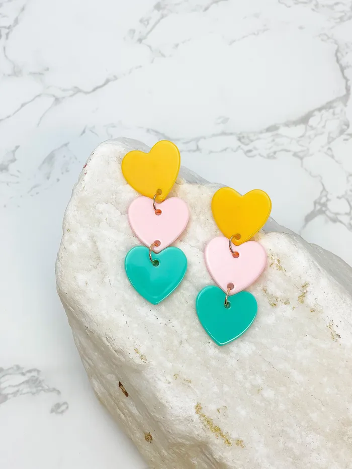 Prep Obsessed LBA Earrings Acrylic Triple Heart Dangle Earrings Multi
