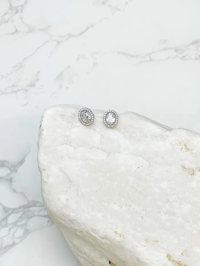 Prep Obsessed VP Earrings Glitzy Halo Oval Stud Earrings Silver