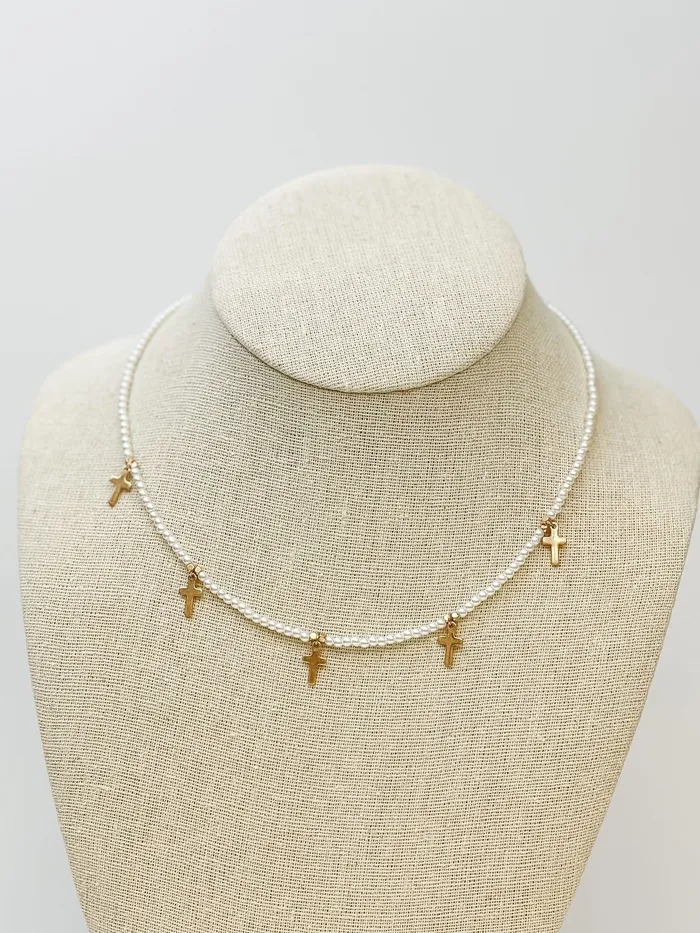 Prep Obsessed WT Necklaces Pearl Strand Cross Station Necklace Gold