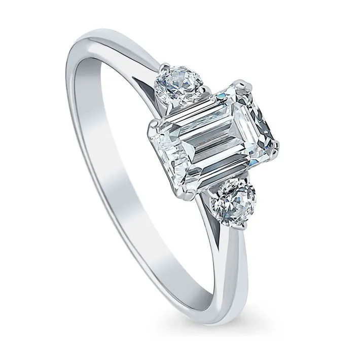 Rings BERRICLE 3Stone 1ct Emerald Cut CZ Ring in Sterling Silver