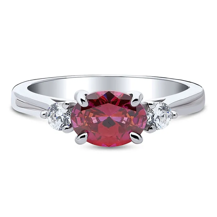 Rings BERRICLE 3Stone EastWest Red Oval CZ Ring in Sterling Silver 12ct